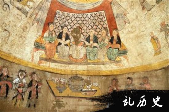 陕西横山元代壁画墓 发明佳偶6人宴饮图