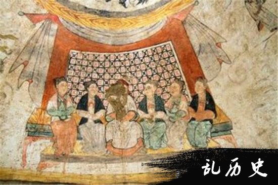 陕西横山元代壁画墓 发明佳偶6人宴饮图